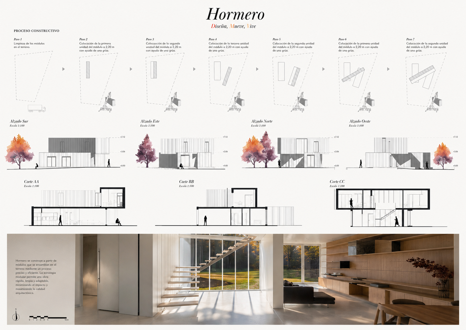 Assembly board — modular installation sequence, elevations and sections