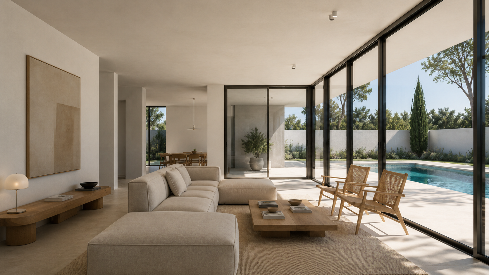 Living area — perimeter glazing and connection to the terrace