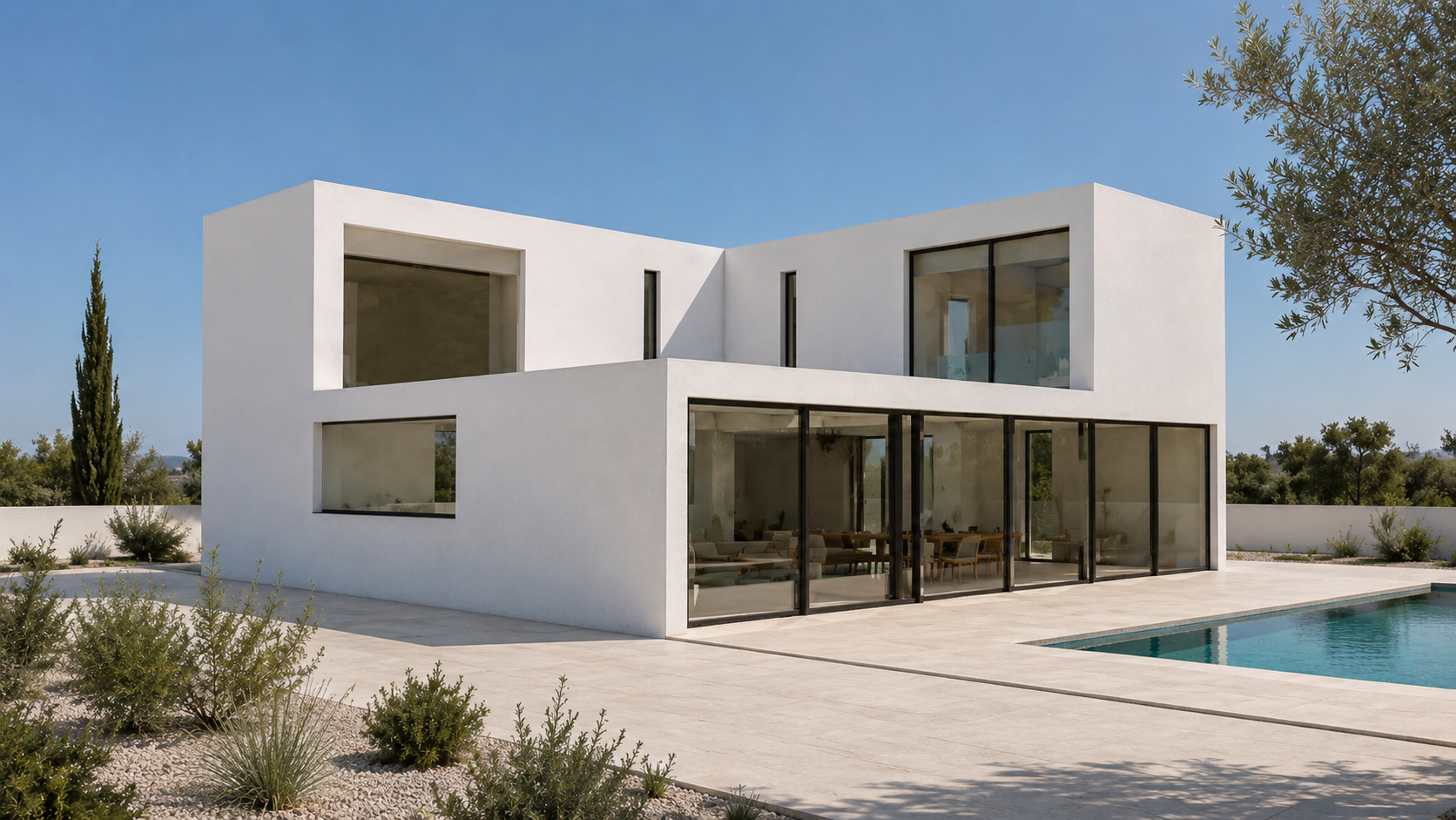 Façade perspective — composition of solid planes and glazing