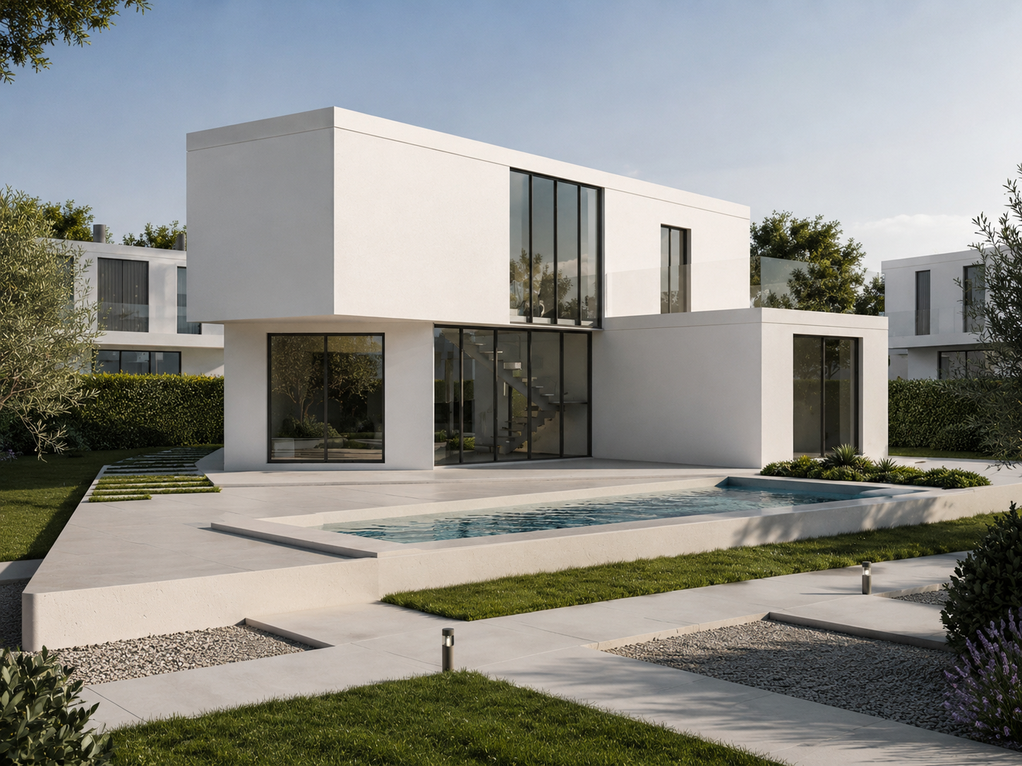 Main façade — modular volumes, terrace and pool sequence
