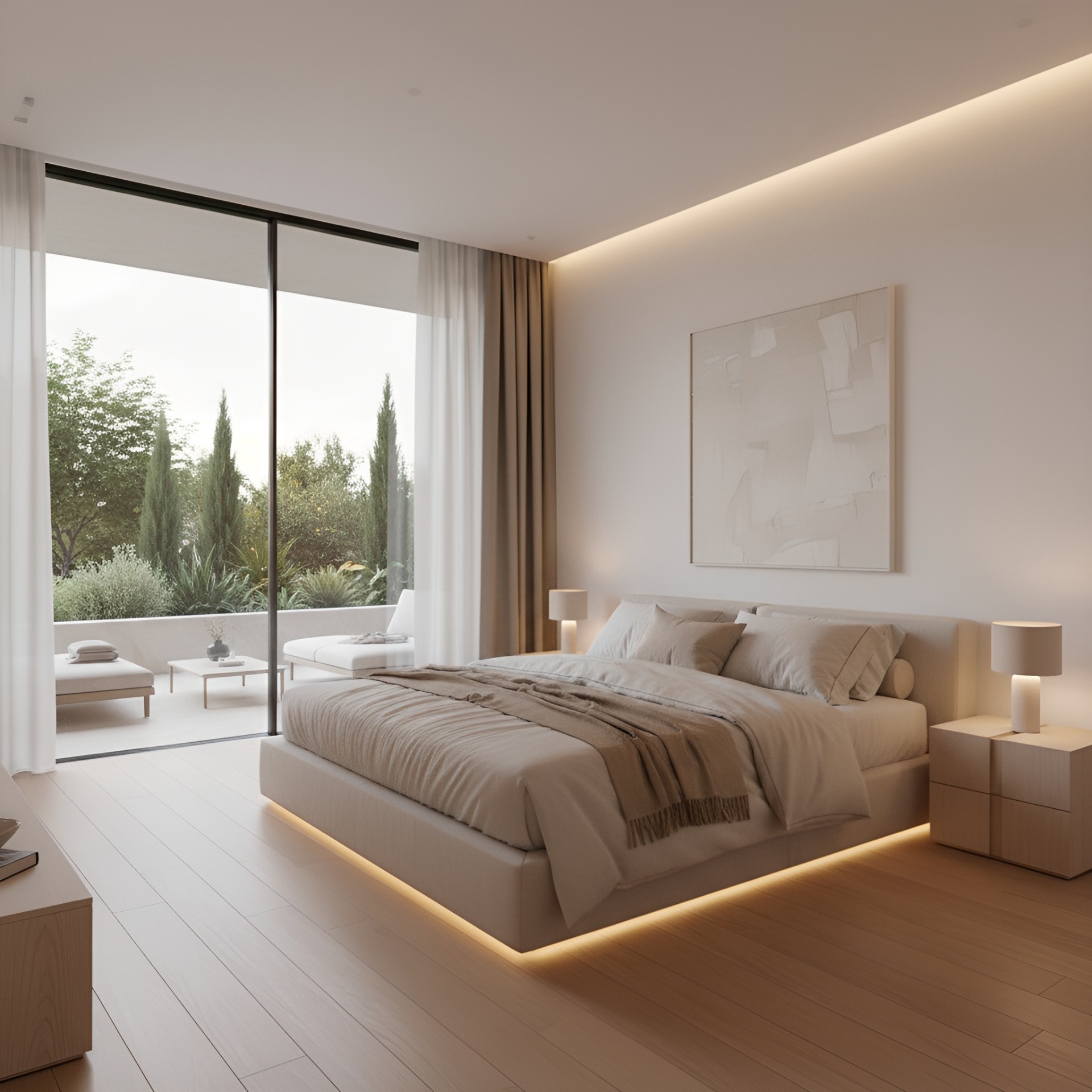 Main bedroom — panoramic window and access to the upper terrace