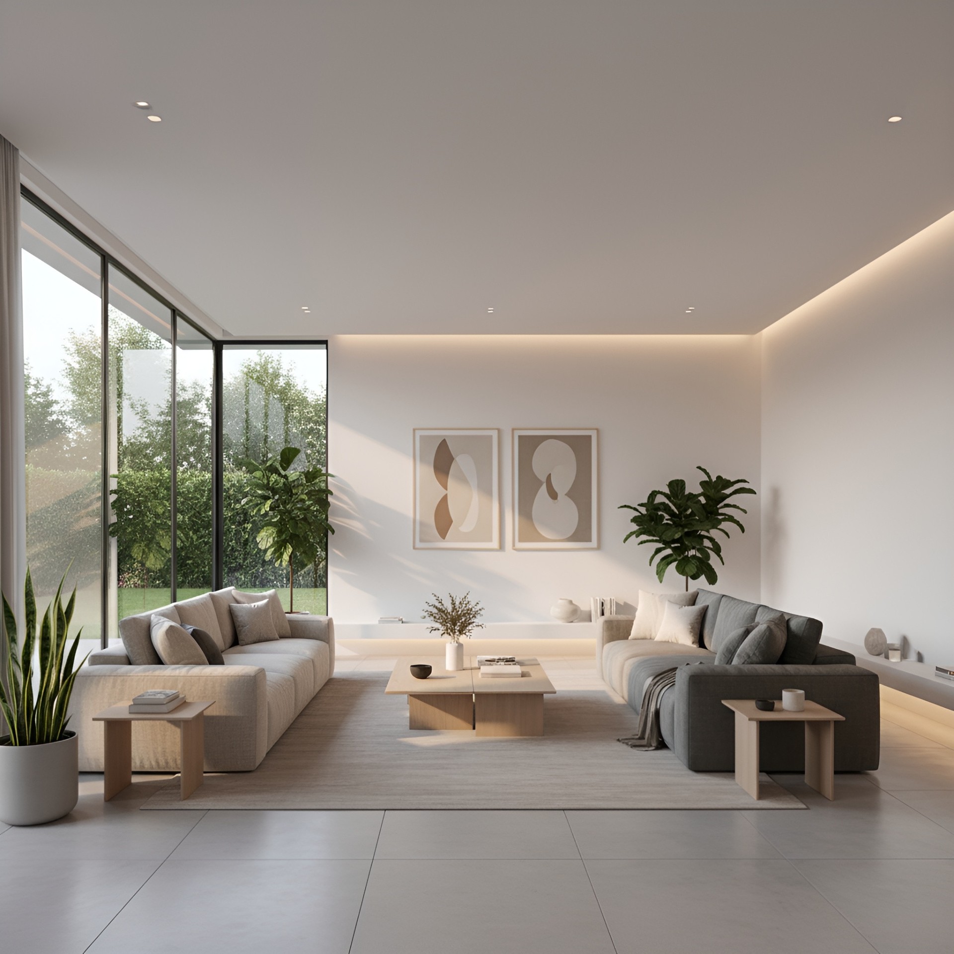 Living room — dual orientation and full-height windows opening to the garden