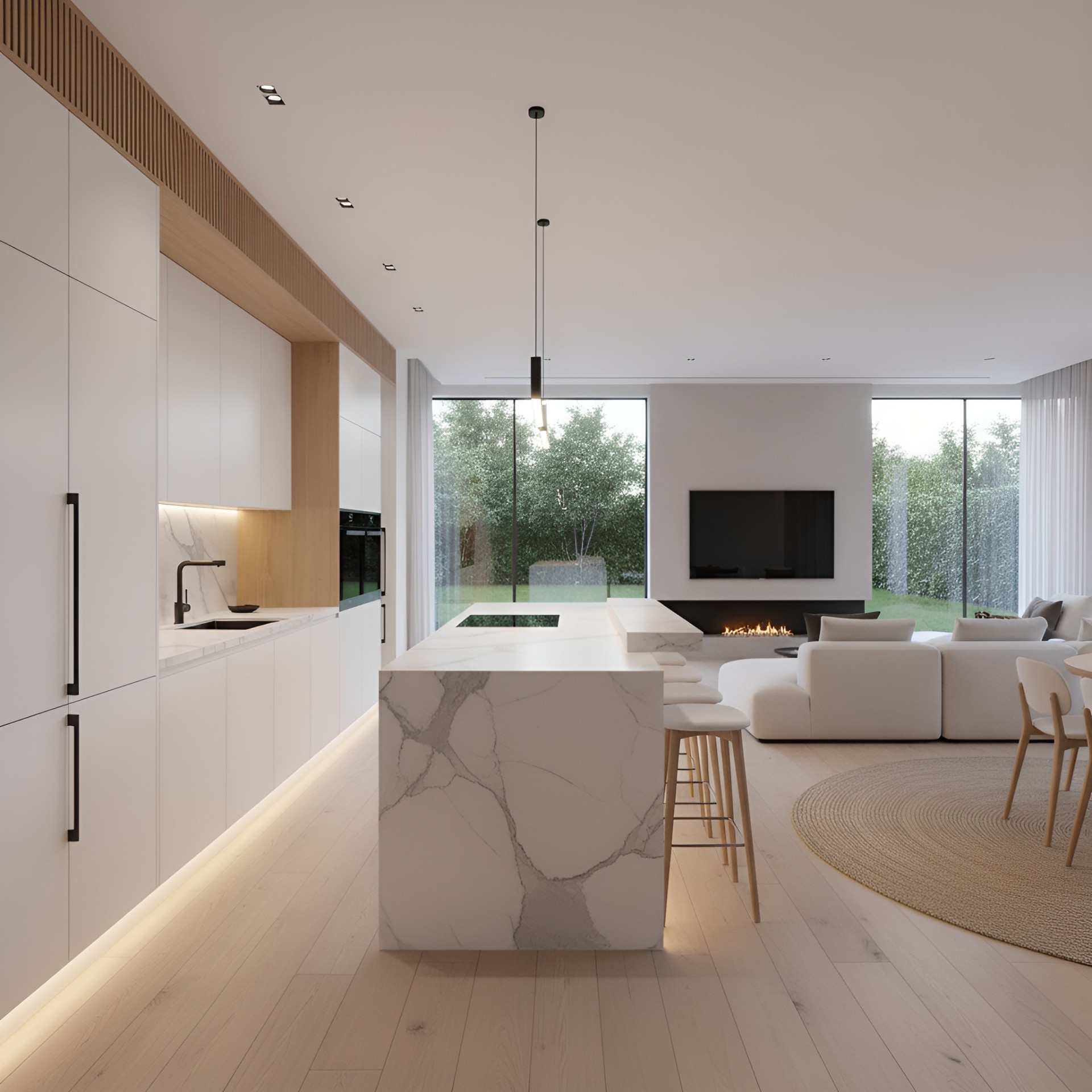 Kitchen and day area — open-plan layout with central island and fireplace
