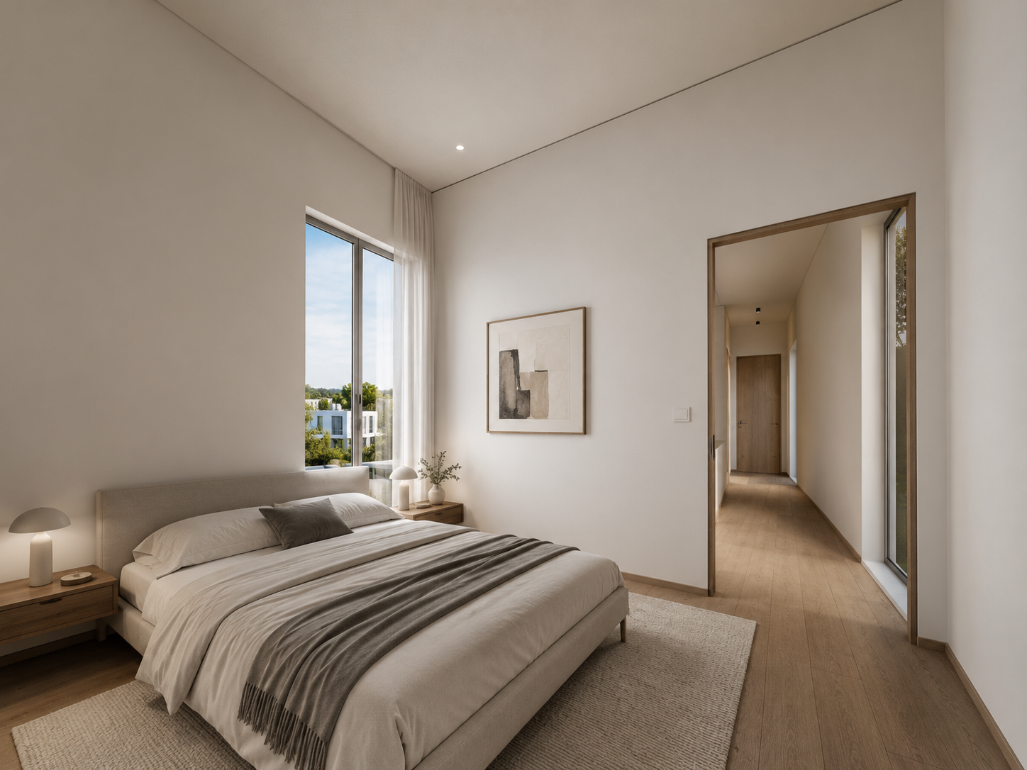 Bedroom — quiet interior palette with framed residential views