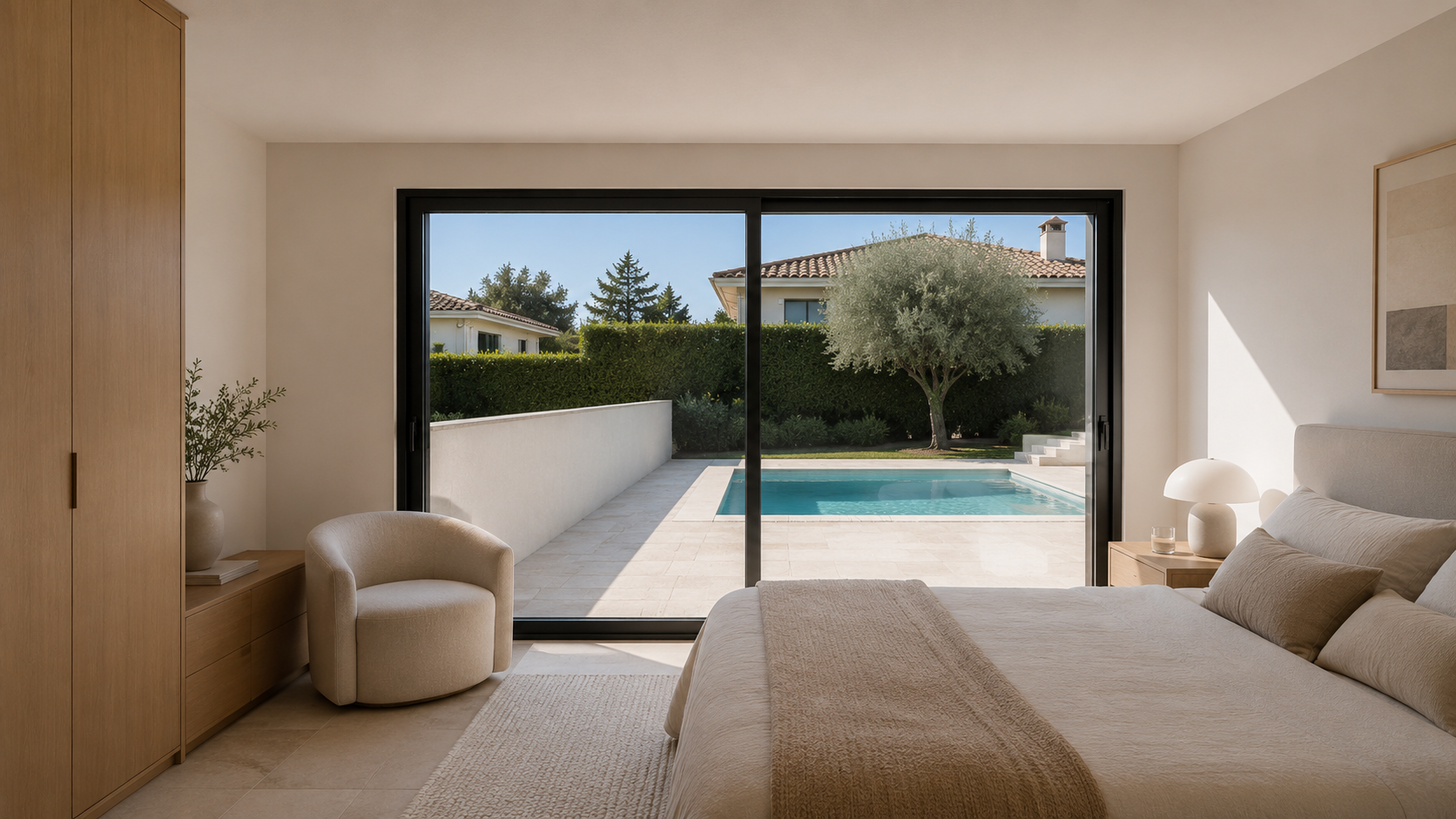 Bedroom — framed pool views and calm material palette