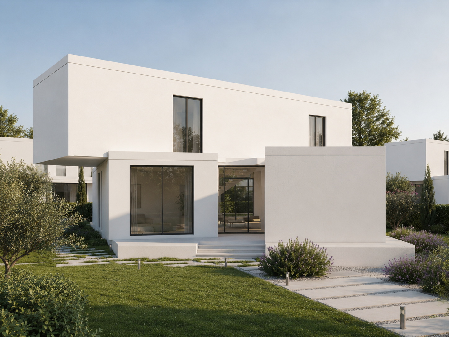 Garden elevation — composition of stacked modules and recessed access