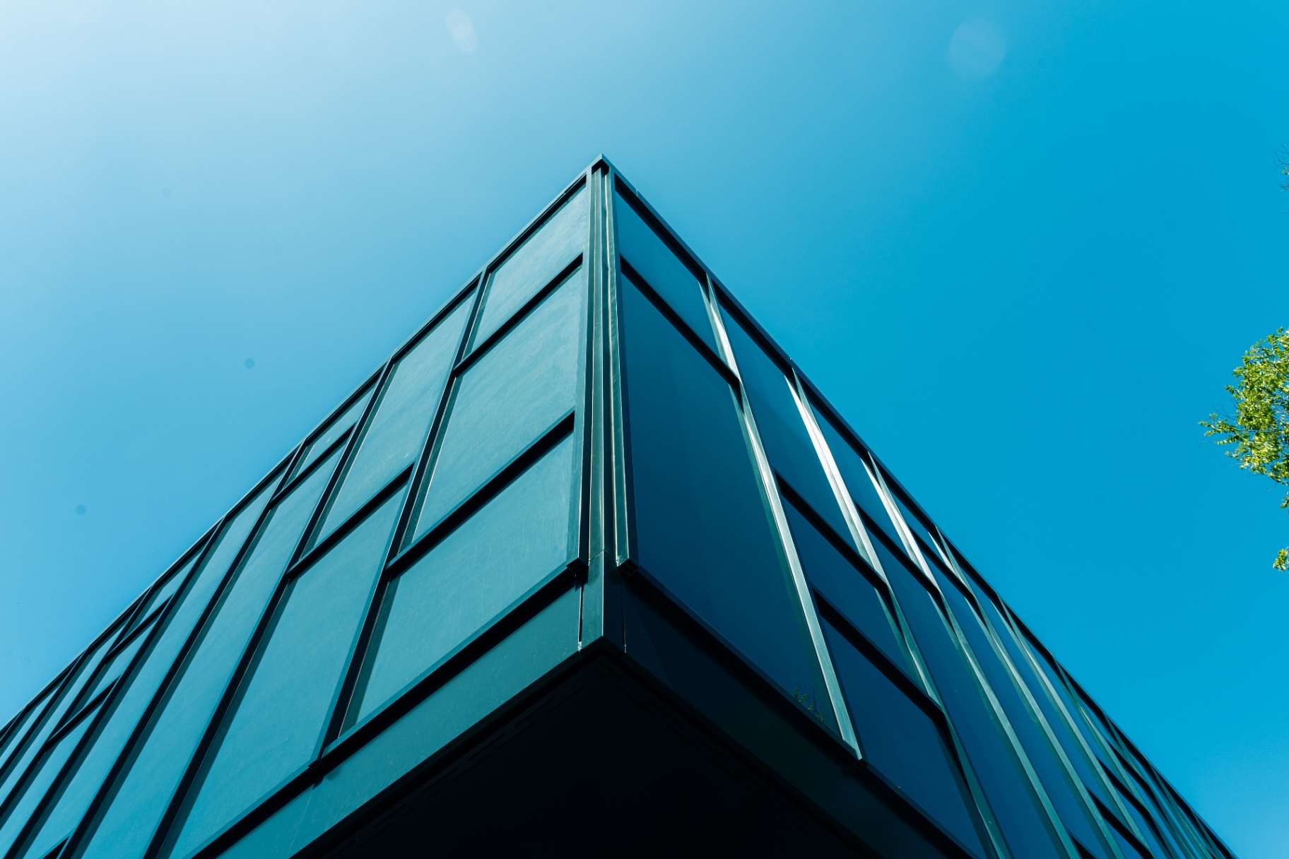Corner detail — glazed envelope and aluminium framing