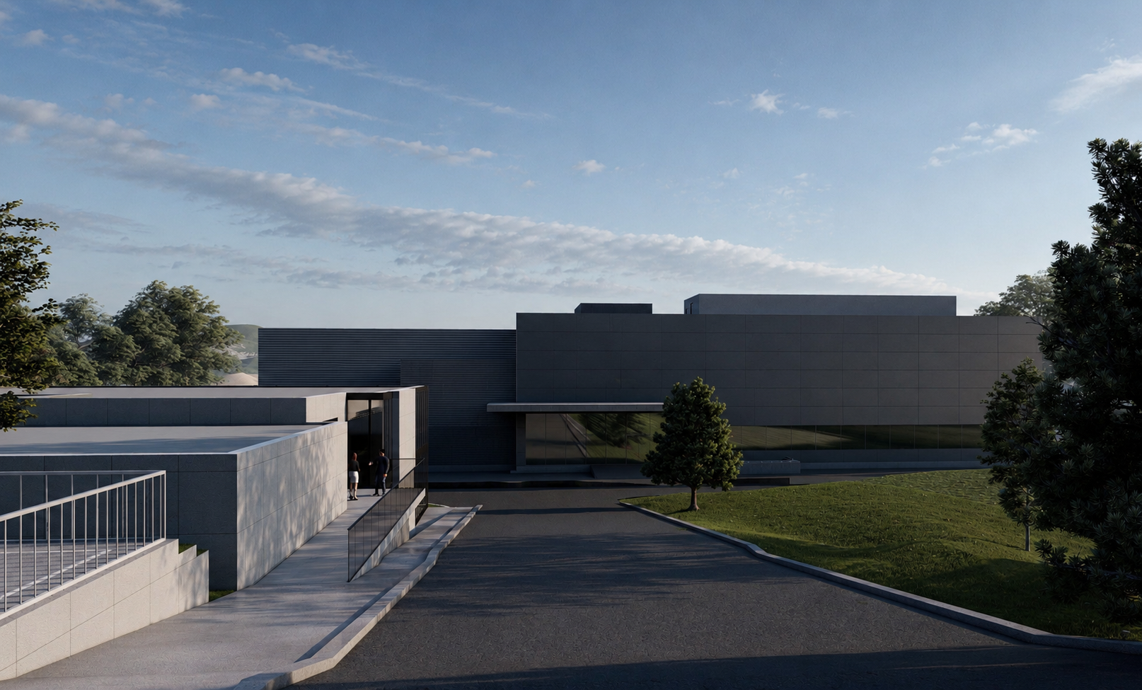 Arrival sequence — main access and architectural envelope