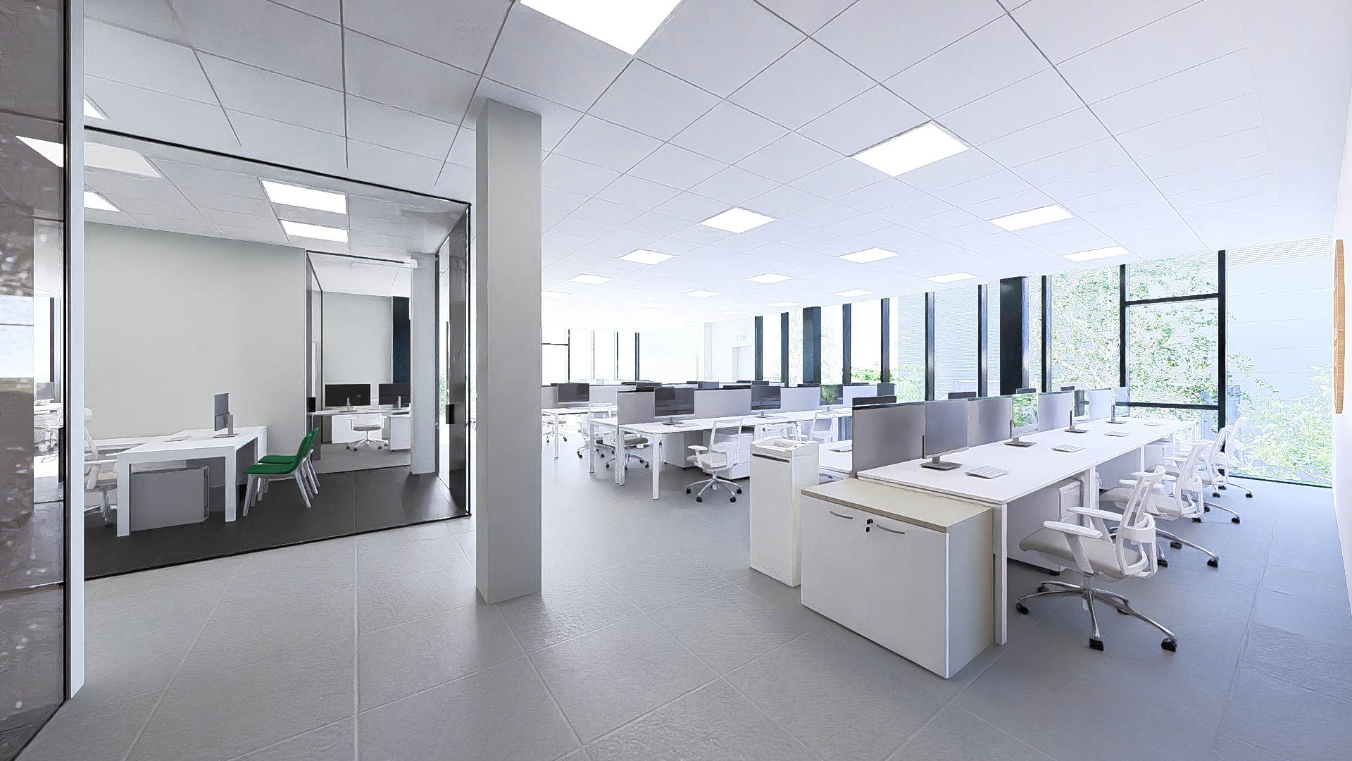 Open-plan office — workspaces with natural light