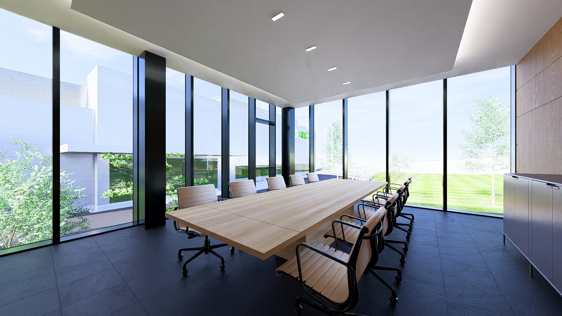 Meeting room — landscape-facing corporate interior