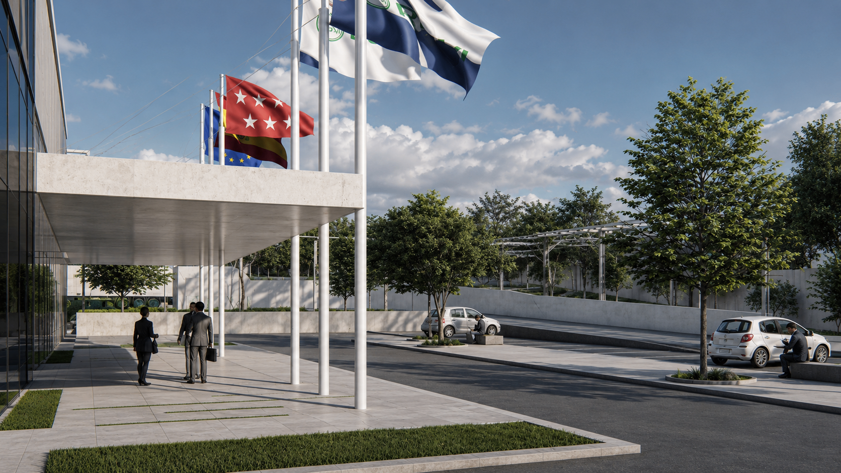 Entrance perspective — canopy, landscape and access